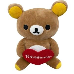 San-X Rilakkuma Brown Bear 2021 Holding Red Felt Heart Plush 12" Tags HTF